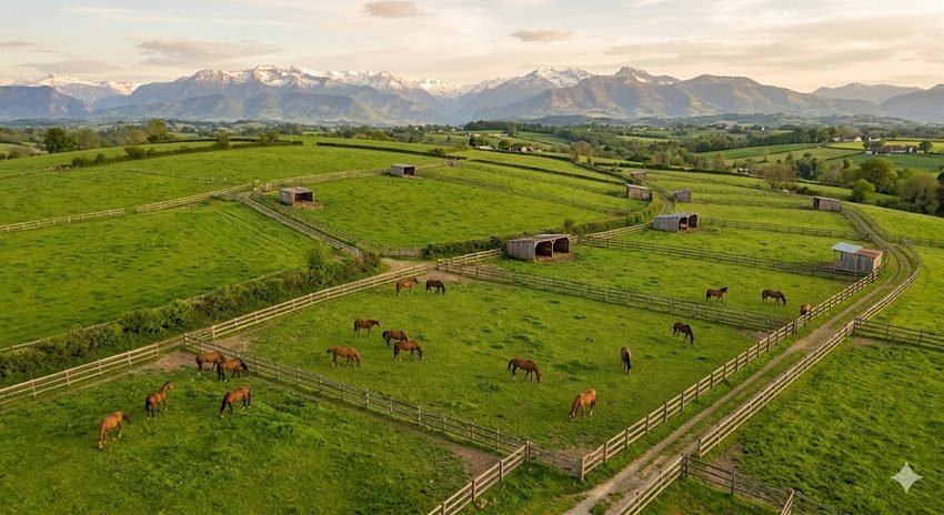 Vue aérienne des 19 hectares de prés clôturés face aux Pyrénées