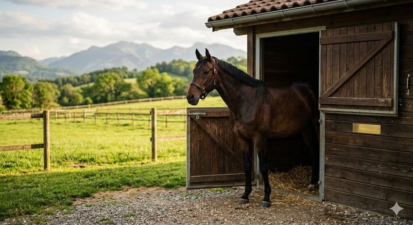Cheval à l'entrée de son box individuel ouvrant sur un paddock